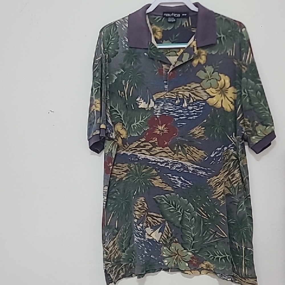 Vintage 80's Nautica Men's Polo Shirt with Tropical Design Sz M